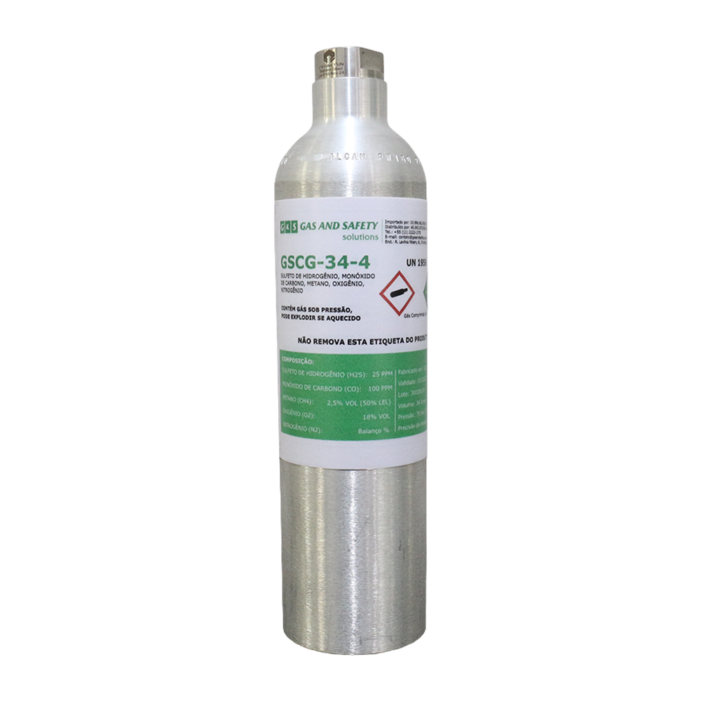 Cilindro em Alumínio com 4 gases (02, CH4, C0 e H2S) com balanço em N2 - 34 litros